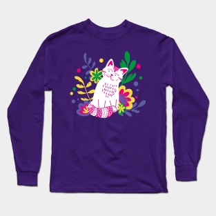 Cute White Cat in Flowers Long Sleeve T-Shirt